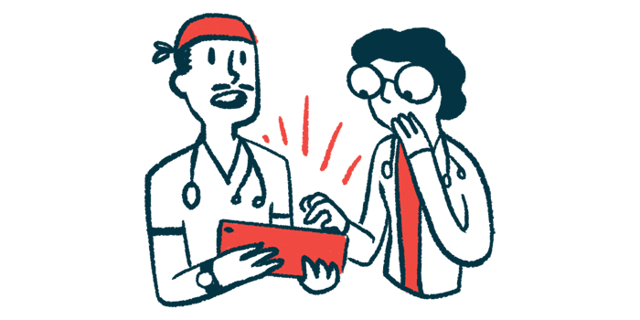 Illustration of two healthcare professionals discussing information on a tablet, with one appearing surprised.