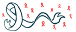 A large black and white awareness ribbon is seen against the backdrop of floating red awareness ribbons.