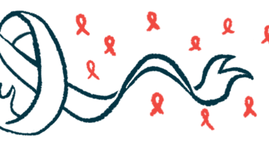 A large black and white awareness ribbon is seen against the backdrop of floating red awareness ribbons.