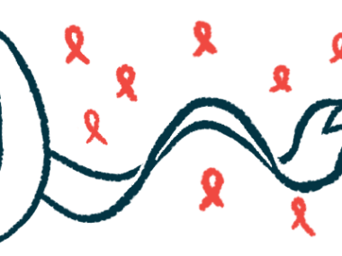 A large black and white awareness ribbon is seen against the backdrop of floating red awareness ribbons.
