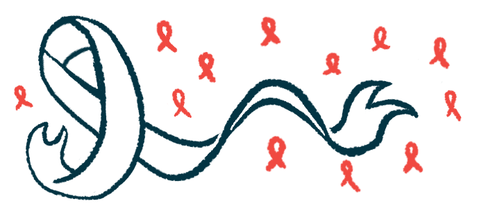 A large black and white awareness ribbon is seen against the backdrop of floating red awareness ribbons.