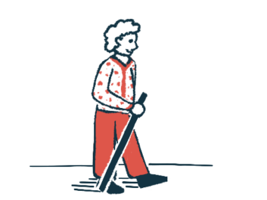 An older person is seen with a walking stick.