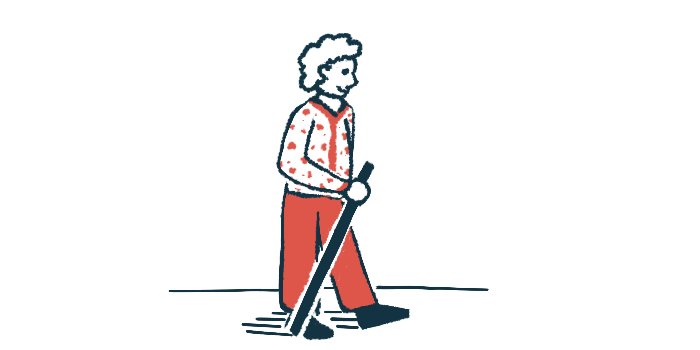 An older person is seen with a walking stick.